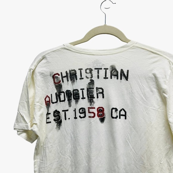 Christian Audigier Cream Bull Skull Wolf Embellished Graphic Tee - Picture 5 of 5